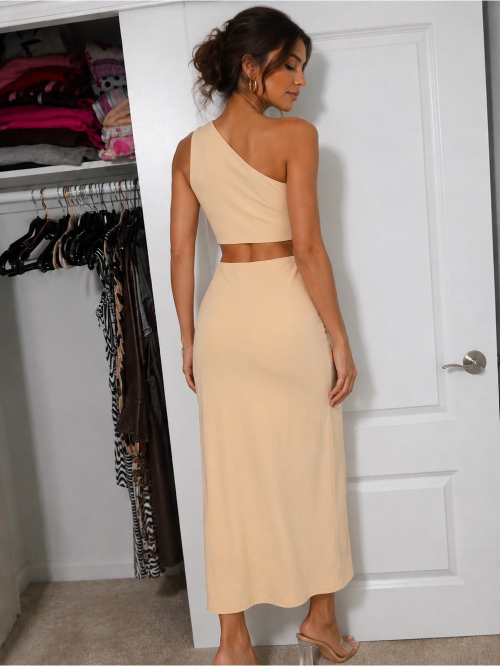 Zara One-Shoulder Cutout Midi Dress in Beige - Picture 2 of 4